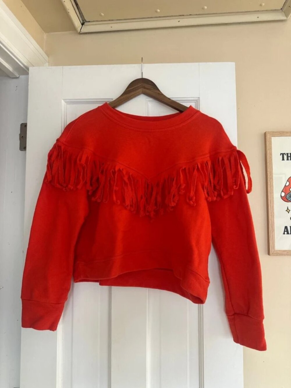 WESTERN ADORABLE RED CROPPED DELUC SWEATSHIRT W. FRINGE SZ MD